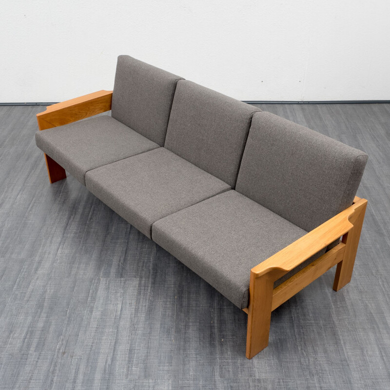 Reupholstered 3-seater sofa in oak and dark grey fabric - 1960s