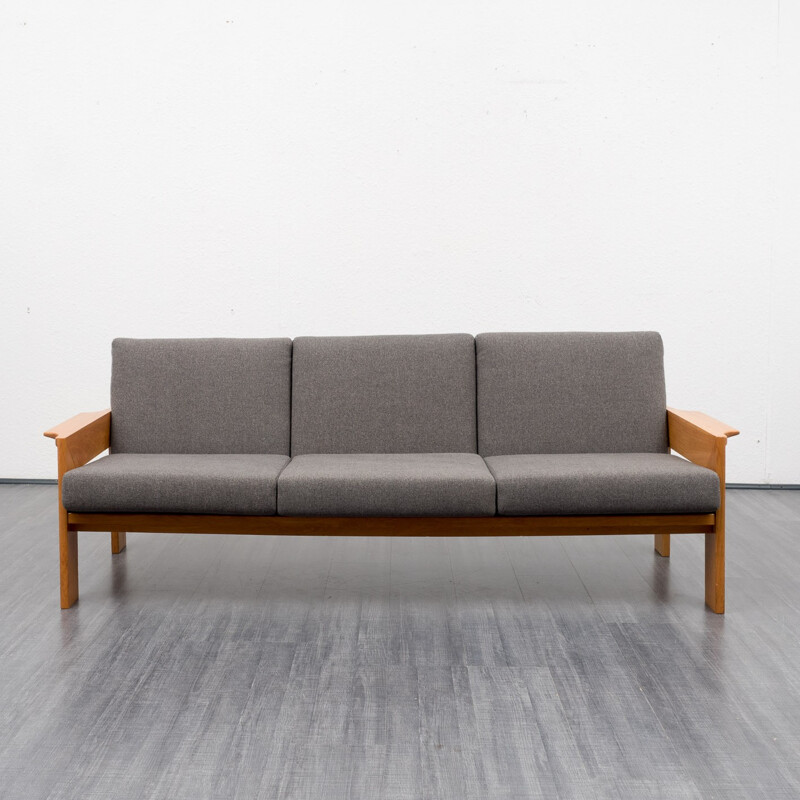 Reupholstered 3-seater sofa in oak and dark grey fabric - 1960s
