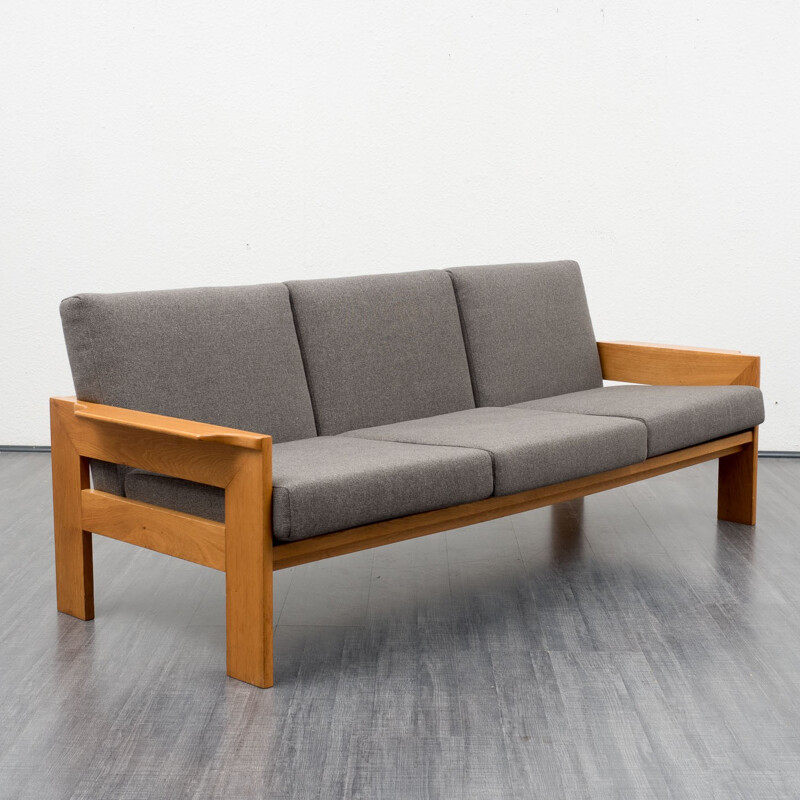 Reupholstered 3-seater sofa in oak and dark grey fabric - 1960s