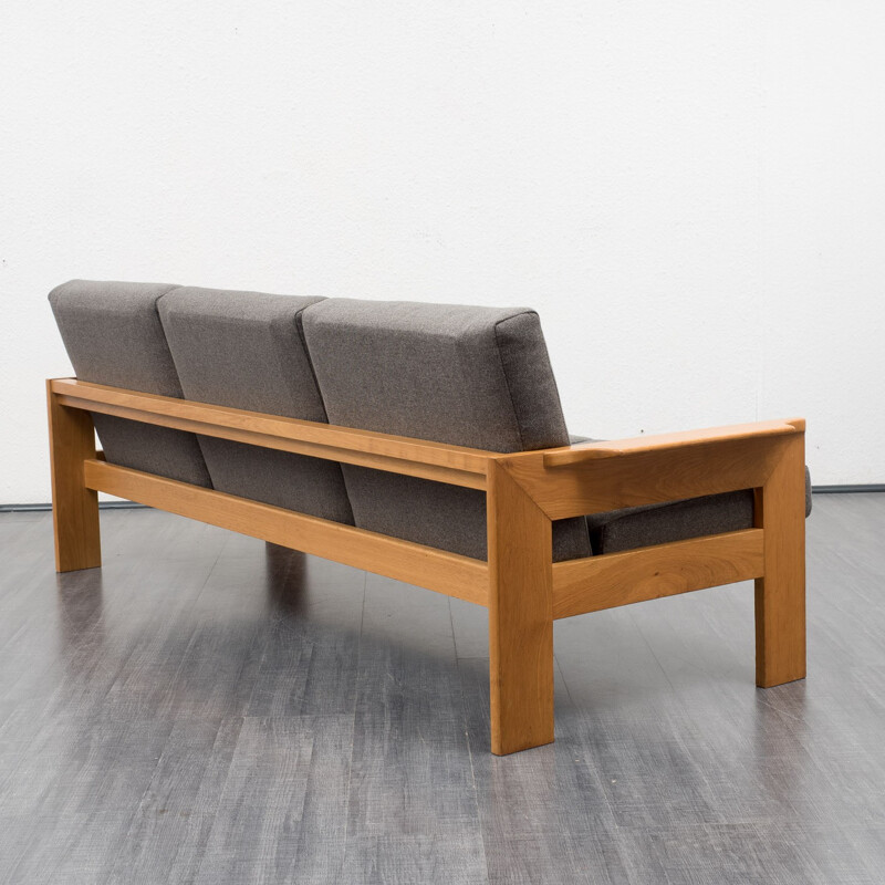 Reupholstered 3-seater sofa in oak and dark grey fabric - 1960s