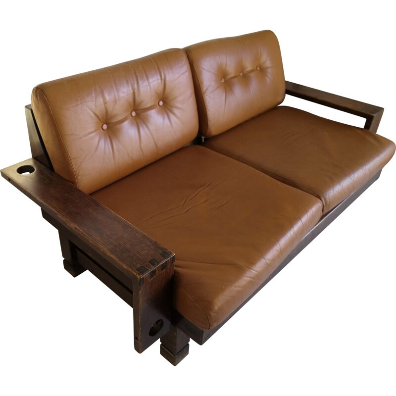 Vintage brutalist sofa in camel leather seats 2