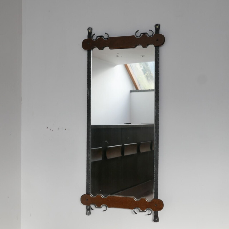 Brutalistischer Vintage-Spiegel aus Eisen und Holz, Belgien 1970