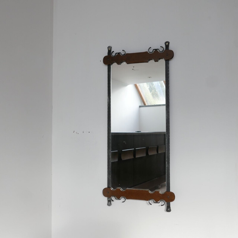 Vintage Brutalist Iron and Wood Mirror, Belgium 1970s