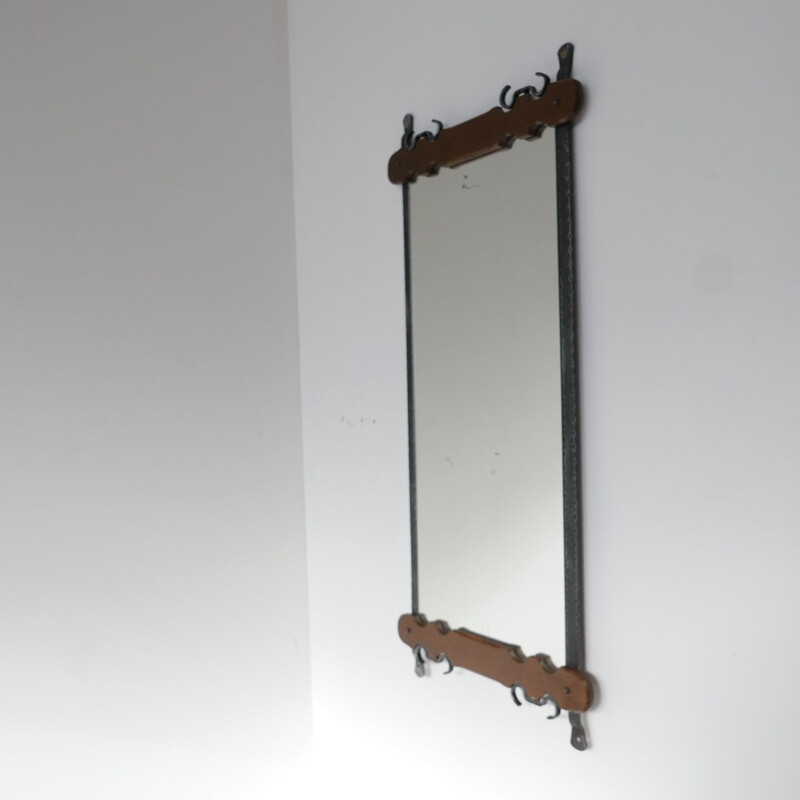 Vintage Brutalist Iron and Wood Mirror, Belgium 1970s