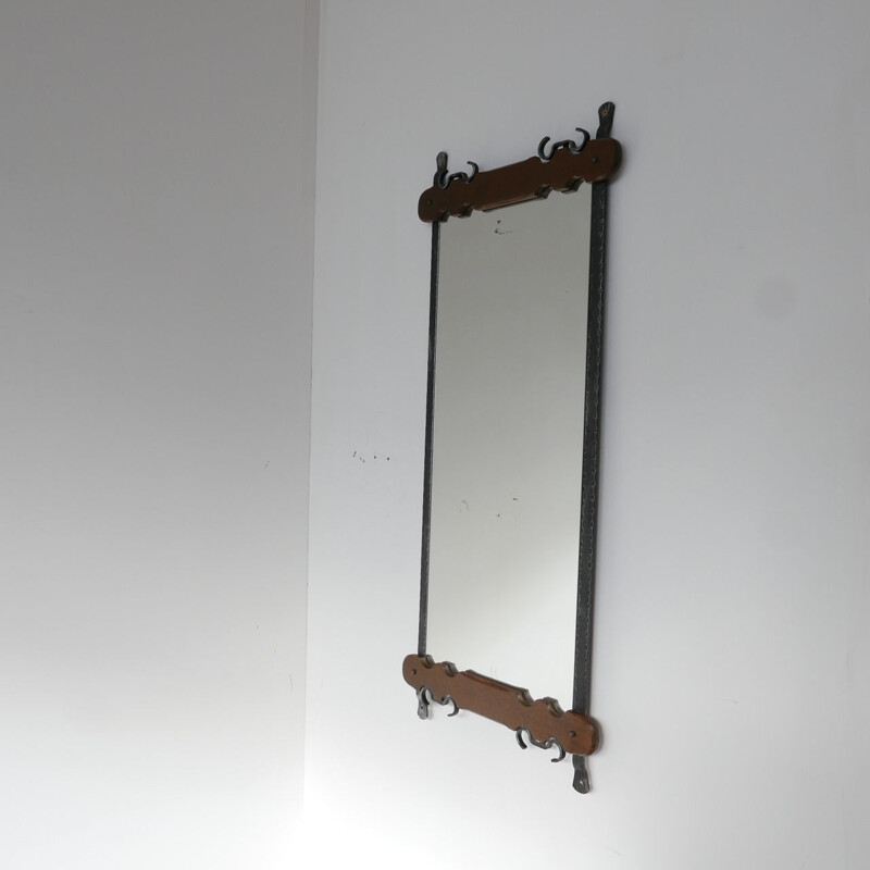 Vintage Brutalistische spiegel van ijzer en hout, België 1970