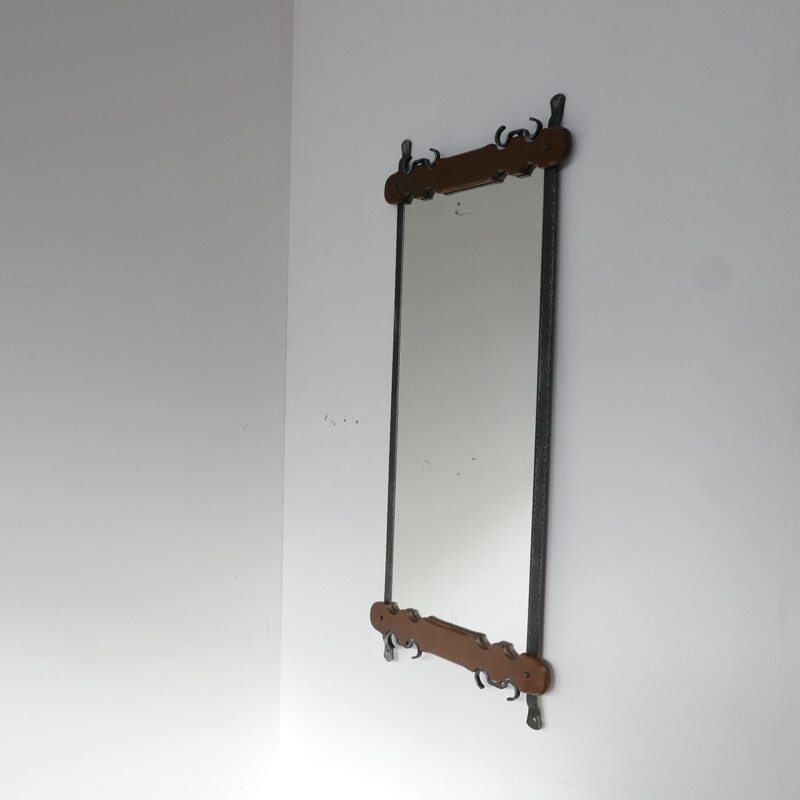 Vintage Brutalist Iron and Wood Mirror, Belgium 1970s