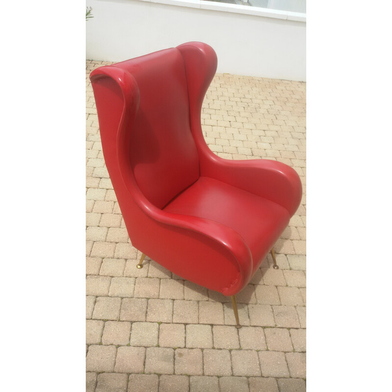 Large Italian armchair in red leatherette - 1960s