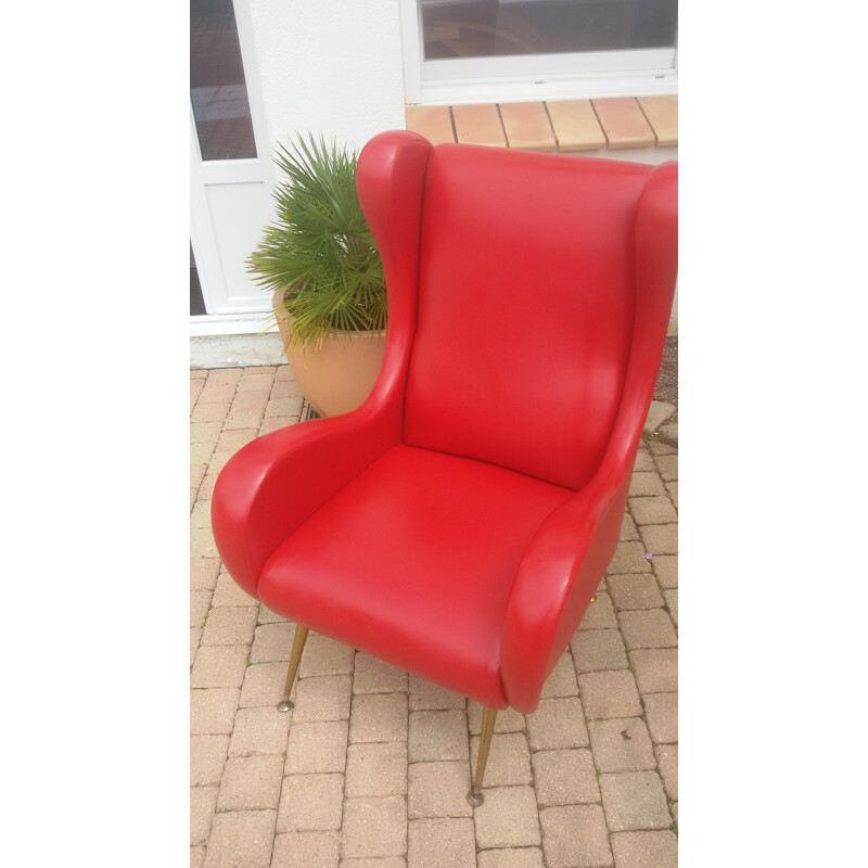 Large Italian armchair in red leatherette - 1960s