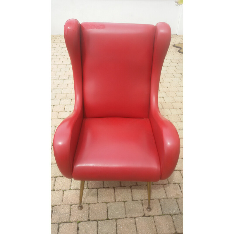 Large Italian armchair in red leatherette - 1960s