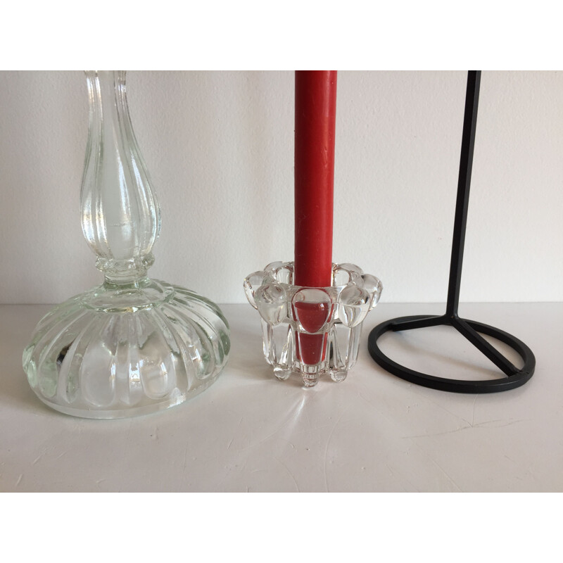 Set of 3 vintage metal glass and crystal candle holders