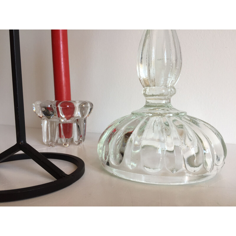 Set of 3 vintage metal glass and crystal candle holders