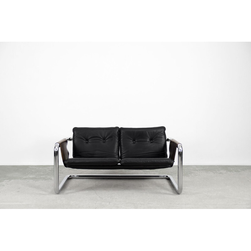 Divano vintage minimalista Bauhaus Brutalist in metallo tubolare e pelle 1950