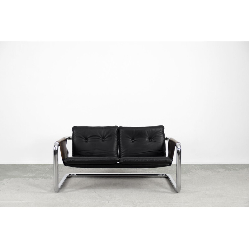 Vintage Brutalist Tubular Metal and Leather Bauhaus Minimalist Sofa 1950s