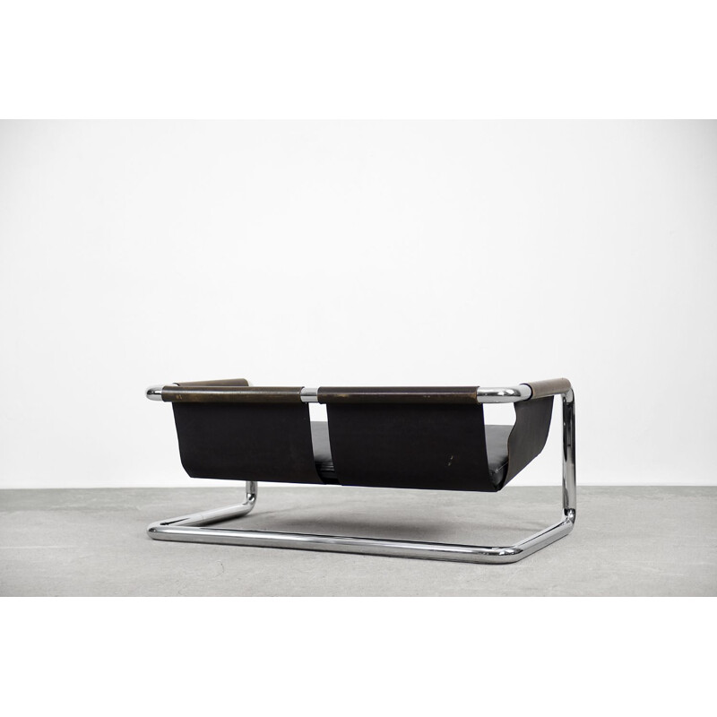 Vintage Brutalist Tubular Metal and Leather Bauhaus Minimalist Sofa 1950s