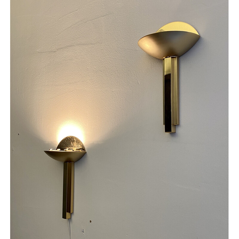 Pair of vintage brass half moon sconces, Italian 1975s