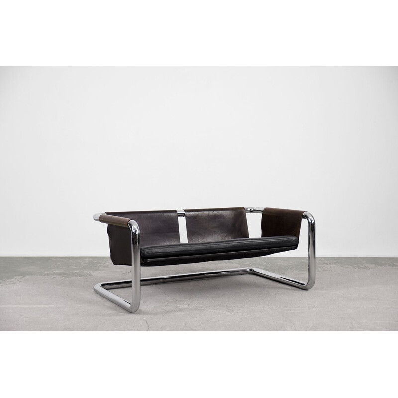 Divano vintage minimalista Bauhaus Brutalist in metallo tubolare e pelle 1950