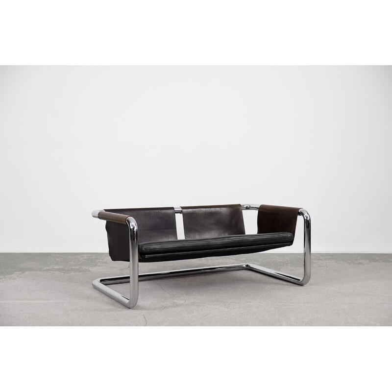 Vintage Brutalist Tubular Metal and Leather Bauhaus Minimalist Sofa 1950s