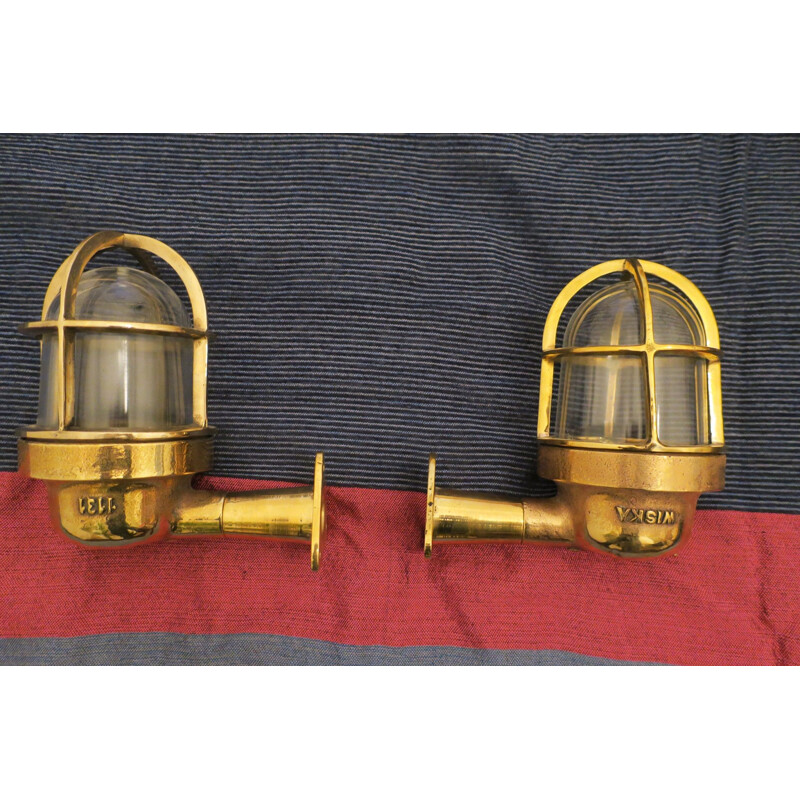 Pair of vintage brass and glass wall lamp, 1950