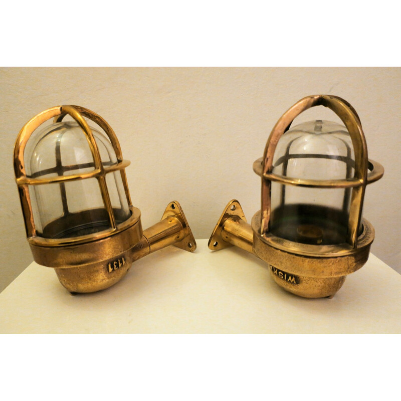 Pair of vintage brass and glass wall lamp, 1950