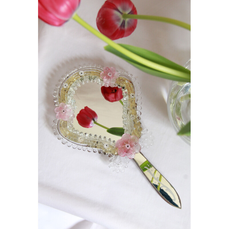 Vintage Rosa Murano Glass Hand Mirror, Italy 1940s