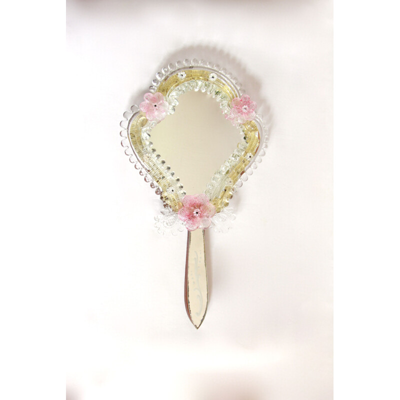 Vintage Rosa Murano Glass Hand Mirror, Italy 1940s