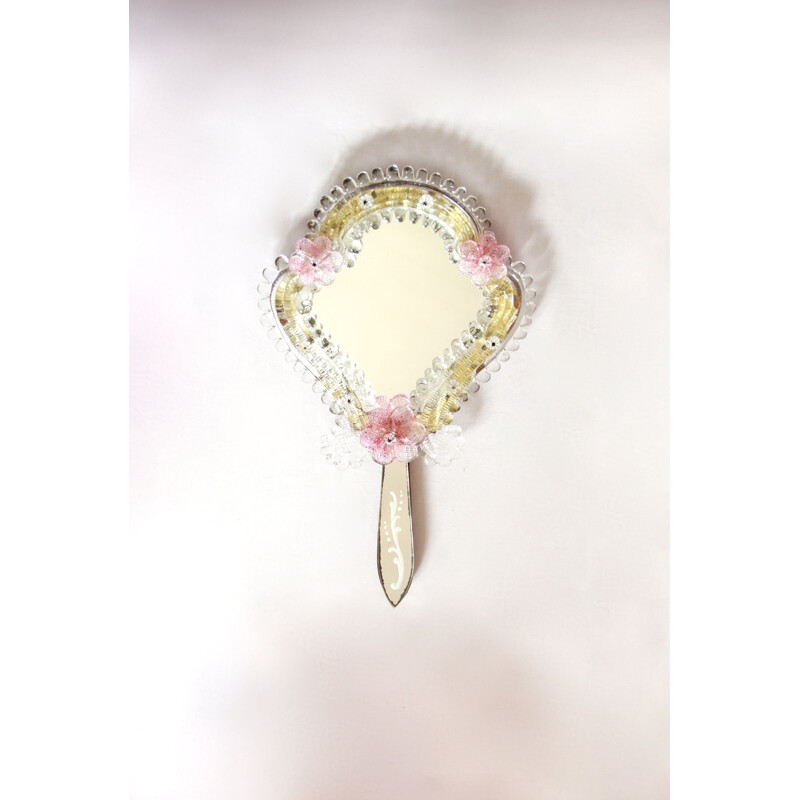 Vintage Rosa Murano Glass Hand Mirror, Italy 1940s