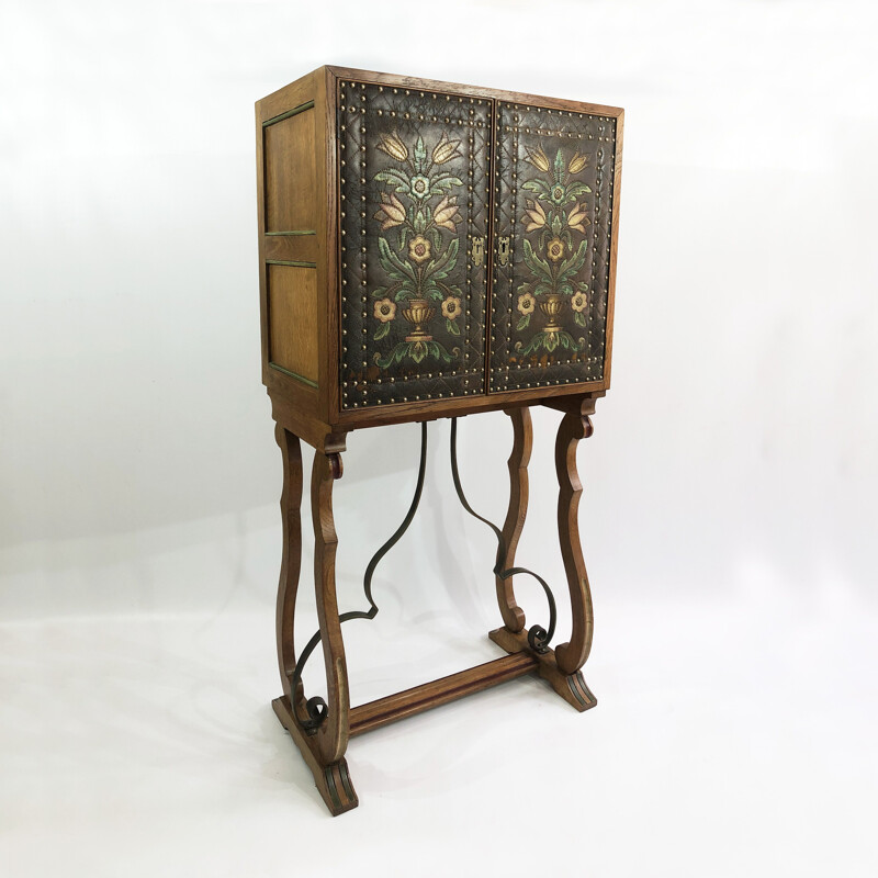 Vintage Oak Drinks Cabinet Art Nouveau Boho Victorian, Spanish 1880s