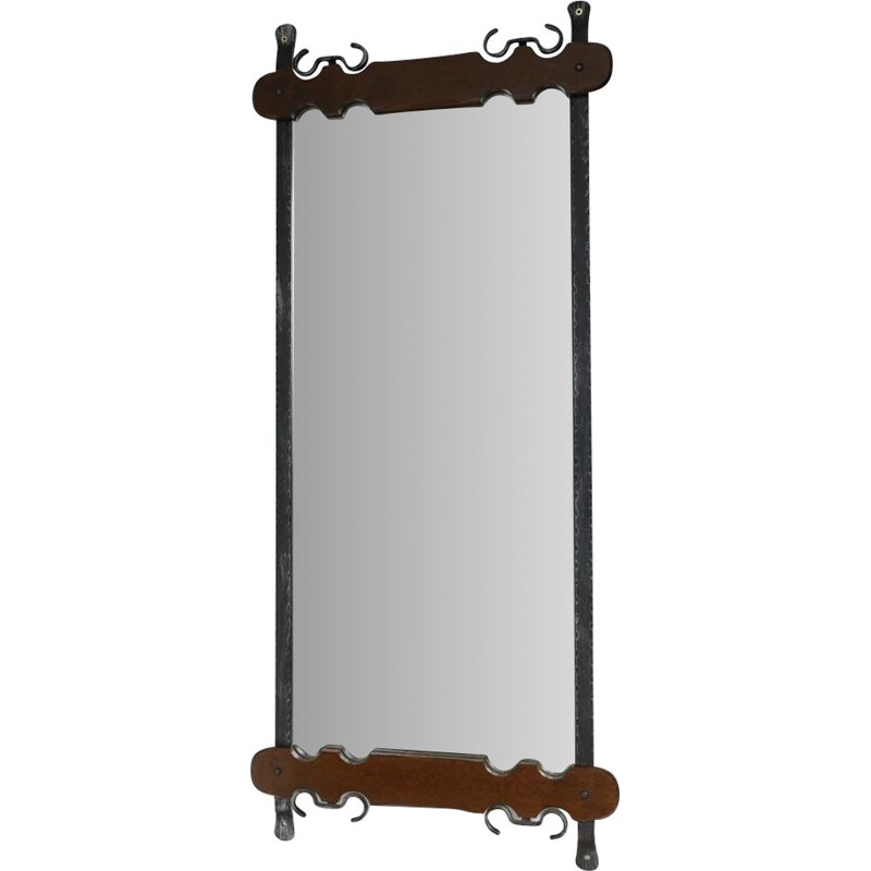 Vintage Brutalist Iron and Wood Mirror, Belgium 1970s