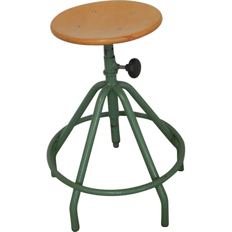 Tabouret vintage d'école en chêne vert