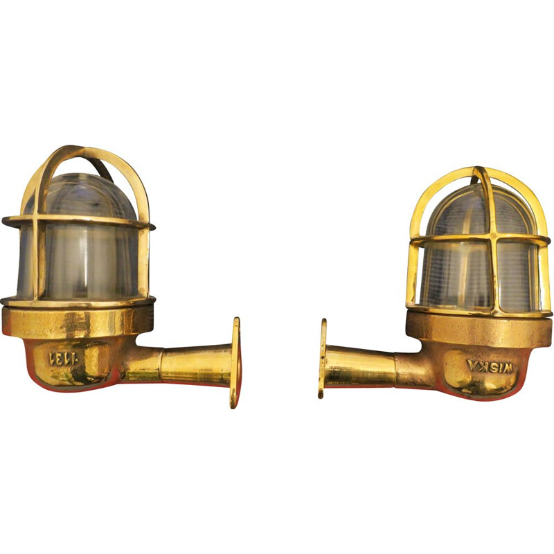 Pair of vintage brass and glass wall lamp, 1950