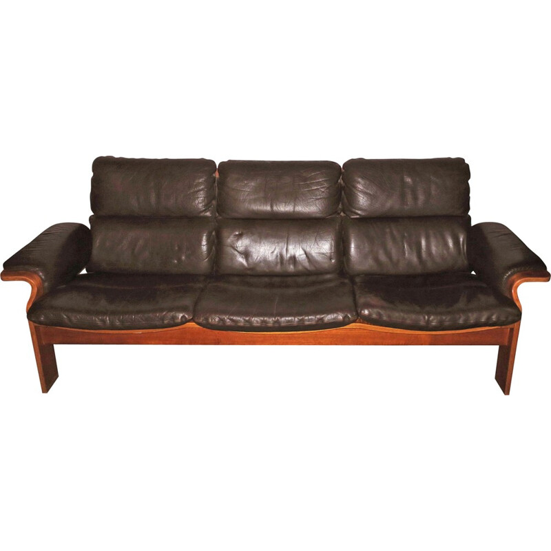 3-seater scandinavian sofa in teak and brown leather - 1960s
