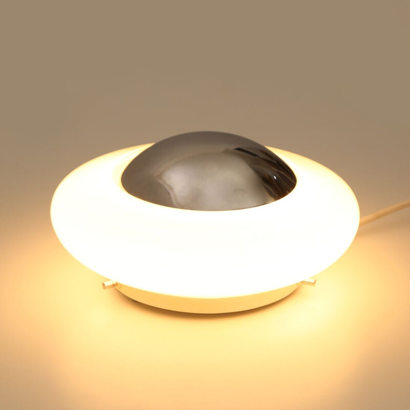 Wit glas en verchroomd metaal "Disk" vintage wandlamp van Gaetano Scolari voor Ecolight, 1960