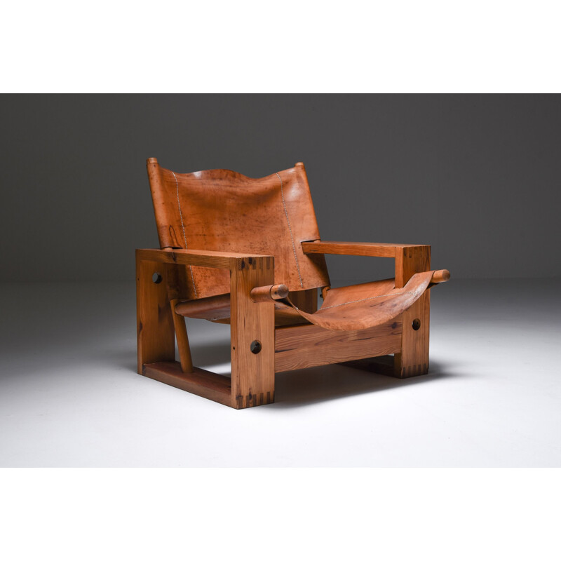 Vintage Cognac Leather and Pine Easy Chair by Ate Van Apeldoorn, Netherlands 1970s