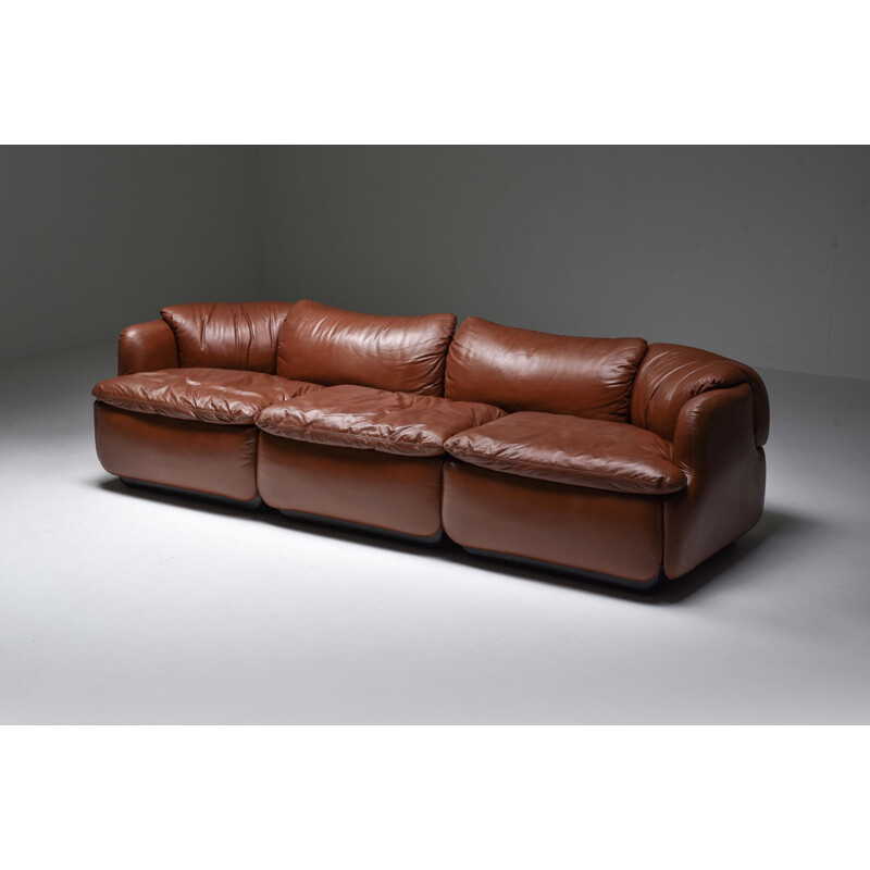 Vintage Saporiti "Confidential" Cognac Leather Sofa by Alberto Rosselli, Italian 1970s