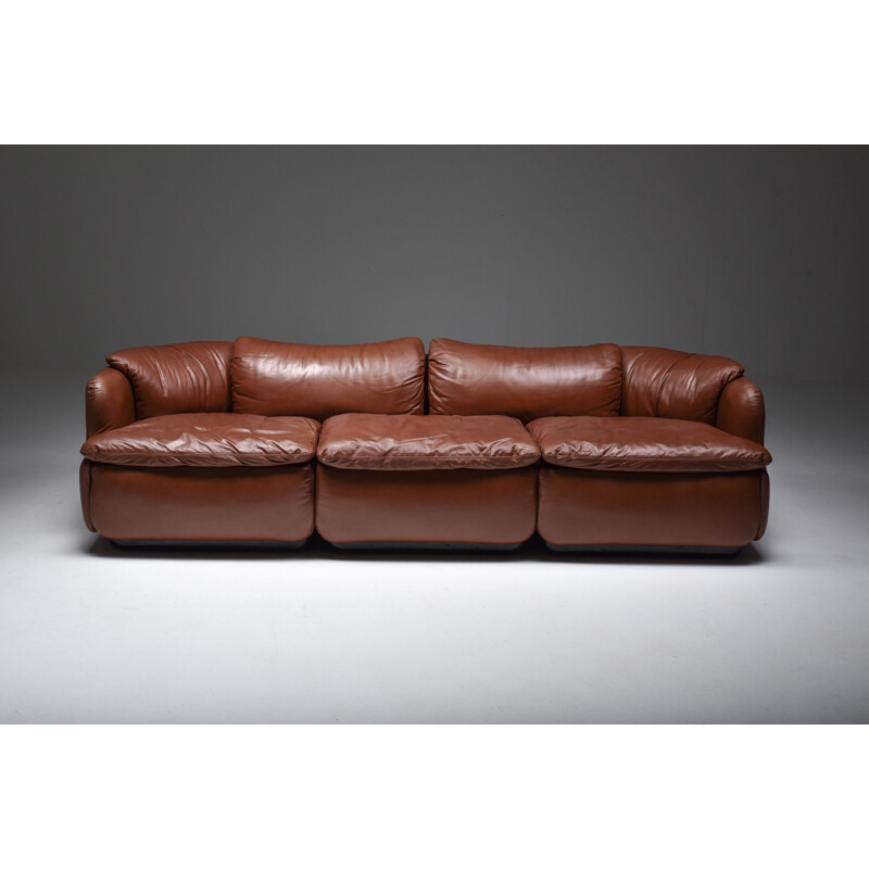 Vintage Saporiti "Confidential" Cognac Leather Sofa by Alberto Rosselli, Italian 1970s