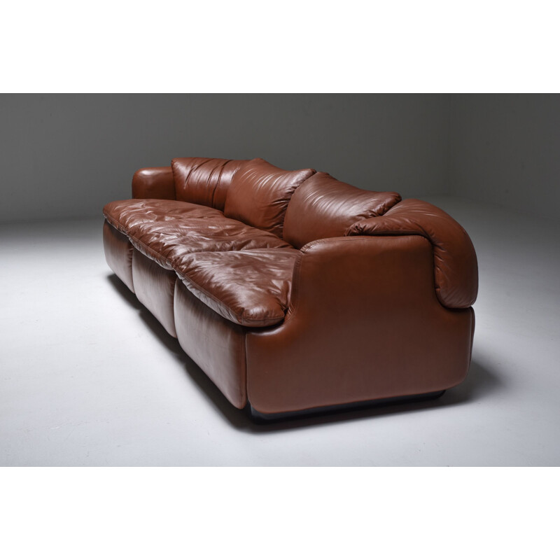 Vintage Saporiti "Confidential" Cognac Leather Sofa by Alberto Rosselli, Italian 1970s