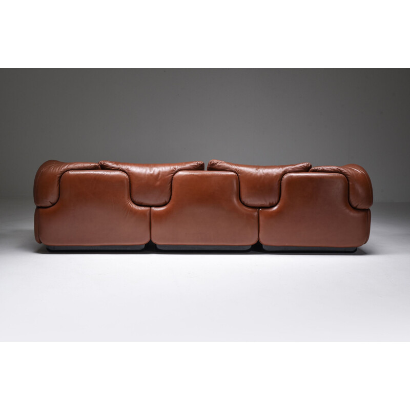 Vintage Saporiti "Confidential" Cognac Leather Sofa by Alberto Rosselli, Italian 1970s