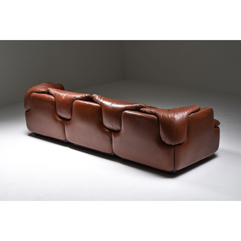 Vintage Saporiti "Confidential" Cognac Leather Sofa by Alberto Rosselli, Italian 1970s