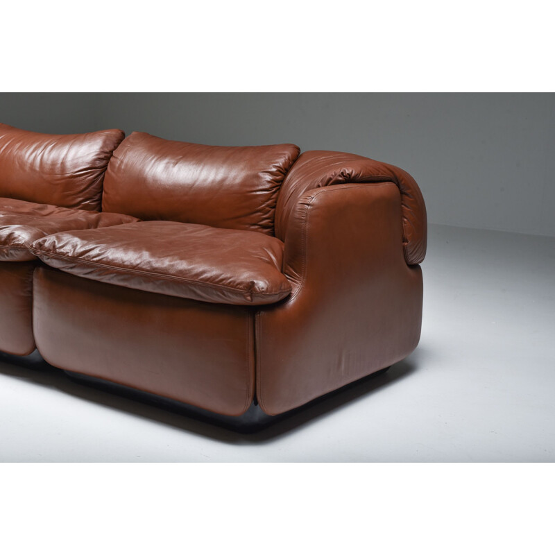 Vintage Saporiti "Confidential" Cognac Leather Sofa by Alberto Rosselli, Italian 1970s