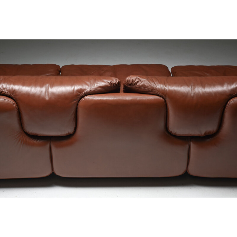 Vintage Saporiti "Confidential" Cognac Leather Sofa by Alberto Rosselli, Italian 1970s