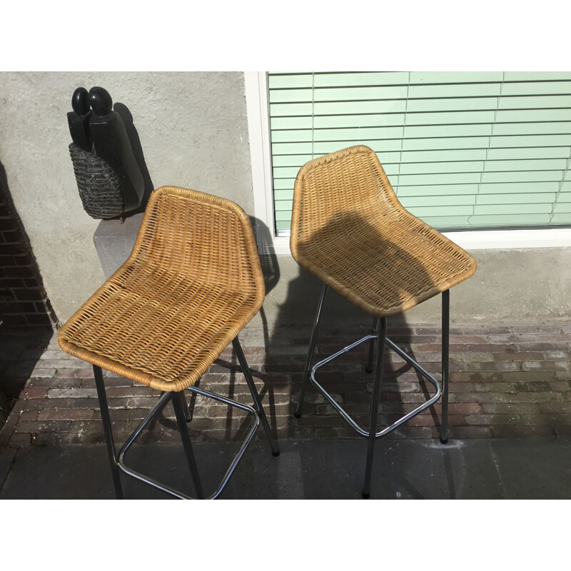 Pair of vintage Rattan stool by drik van Sliedregt noordwolde 1960s