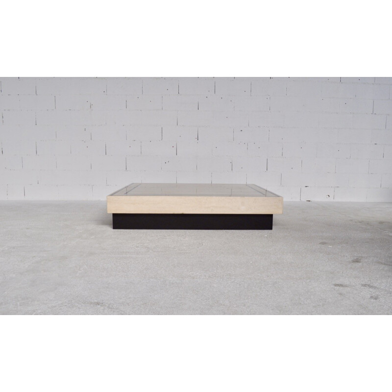 Large coffee table in travertine and black granite - 1970s