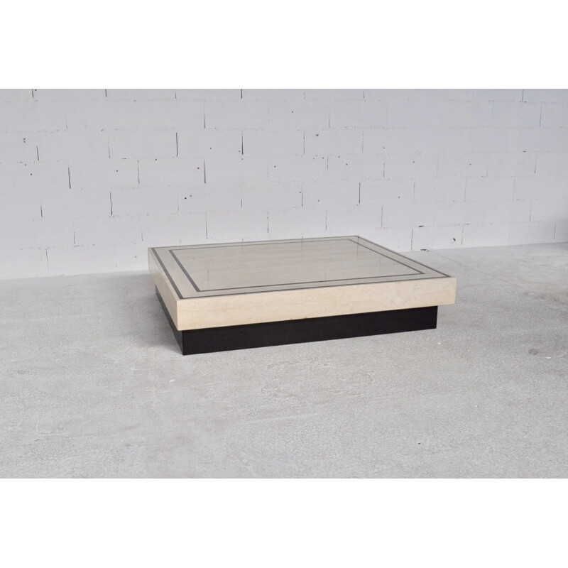 Large coffee table in travertine and black granite - 1970s