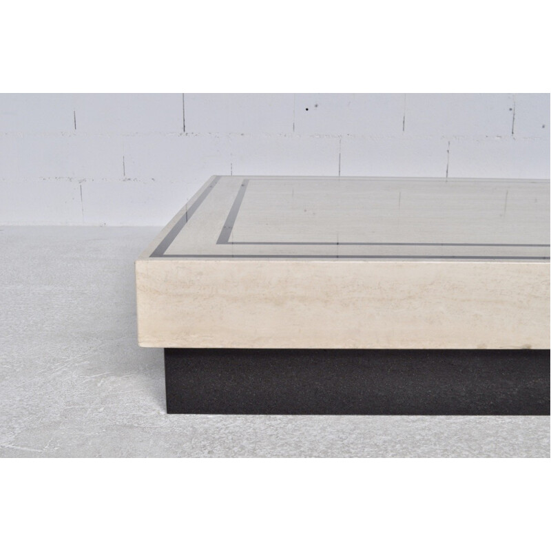 Large coffee table in travertine and black granite - 1970s