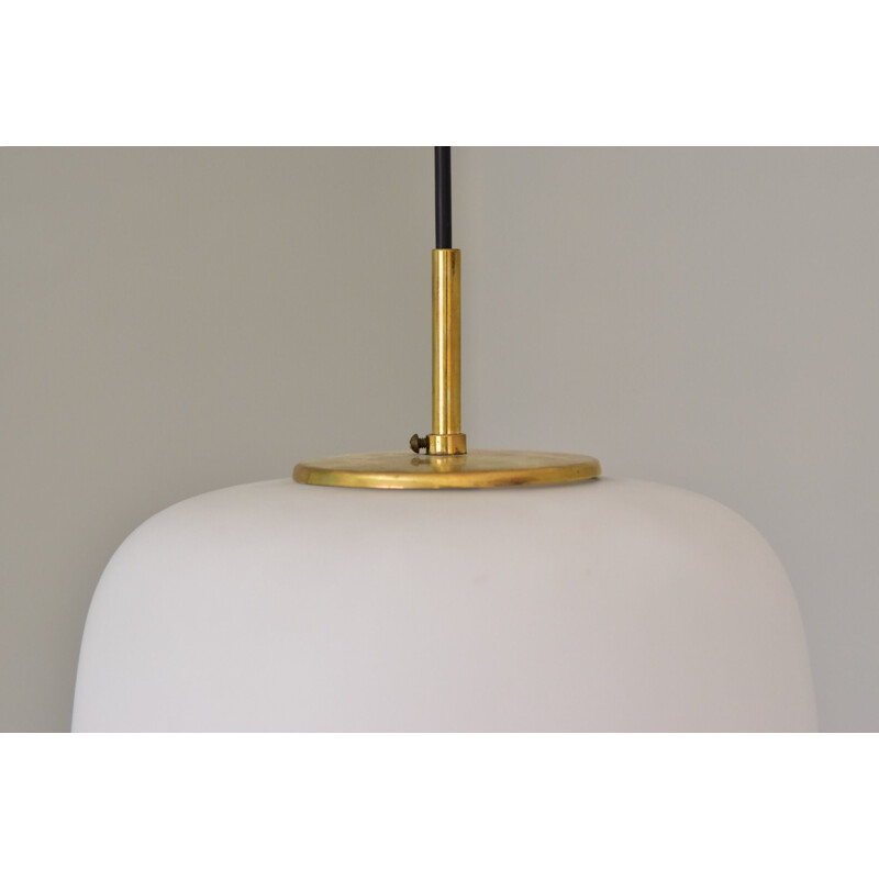 Large vintage Size Bent Karlby Kina Pendant Lamp Brass and Opaline by Lyfa, Denmark 1955s