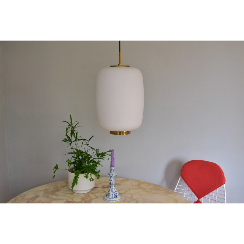 Large vintage Size Bent Karlby Kina Pendant Lamp Brass and Opaline by Lyfa, Denmark 1955s