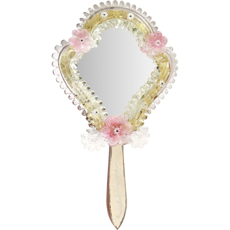 Vintage Rosa Murano Glass Hand Mirror, Italy 1940s