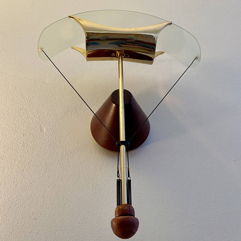 Vintage brass and wood parachute wall lamp 1970s