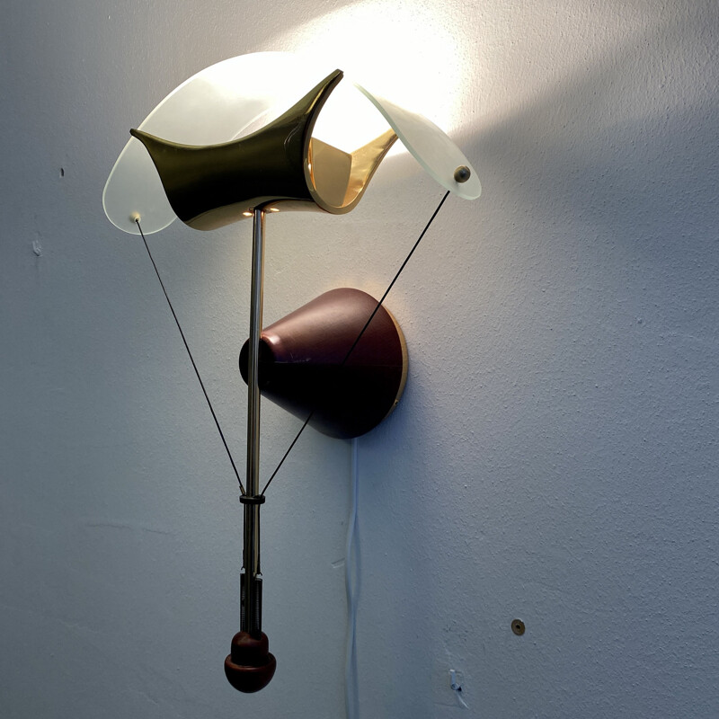 Vintage brass and wood parachute wall lamp 1970s
