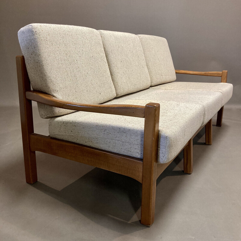 Vintage 3 seater teak and wool sofa, Scandinavian 1950s